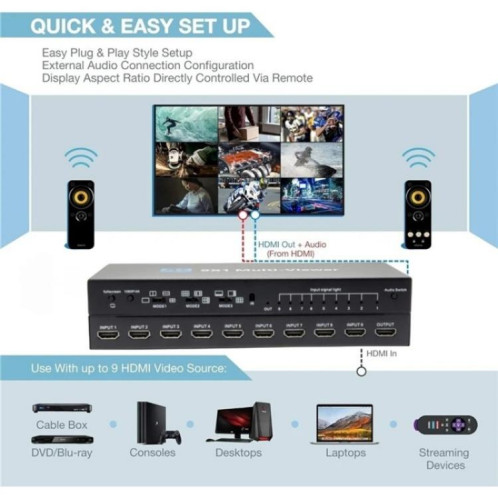 Adaptateur de commutateur JQF1 9 entrées 1 sortie, répartiteur d'écran, commutateur multi-visionneuse HDMI 4K, prise : SH9102676-011